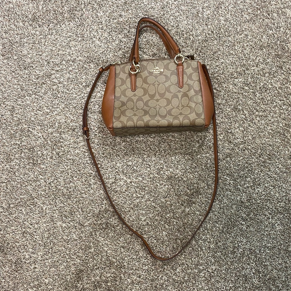 Coach Christie Mini Signature Satchel Khaki Saddle adjustable strap